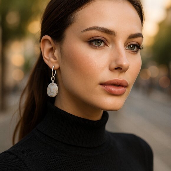 VINTAGE STERLING SILVER Raw Marble Stone Copper Dainty Hanging Earrings ARTISAN - Picture 1 of 12